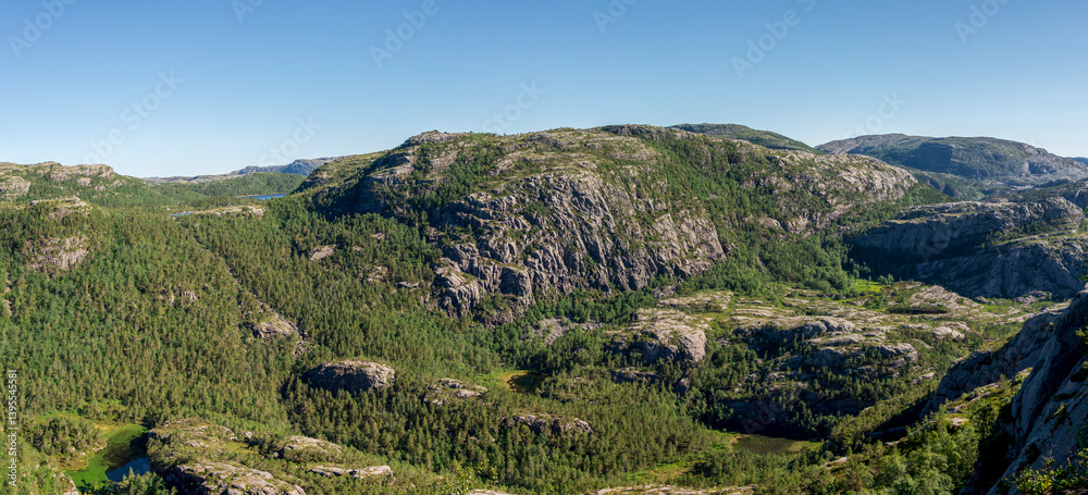 Panoramic View of a Verdant Mountain Landscape From Preikestolen Hiking Trail, Stavanger, Norway, July 2018