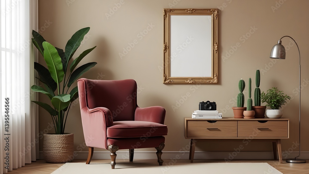 Fototapeta premium Retro interior design of living room with stylish vintage chair and table, plants, cacti, personal accessories and gold mock up poster frame on the beige wall.