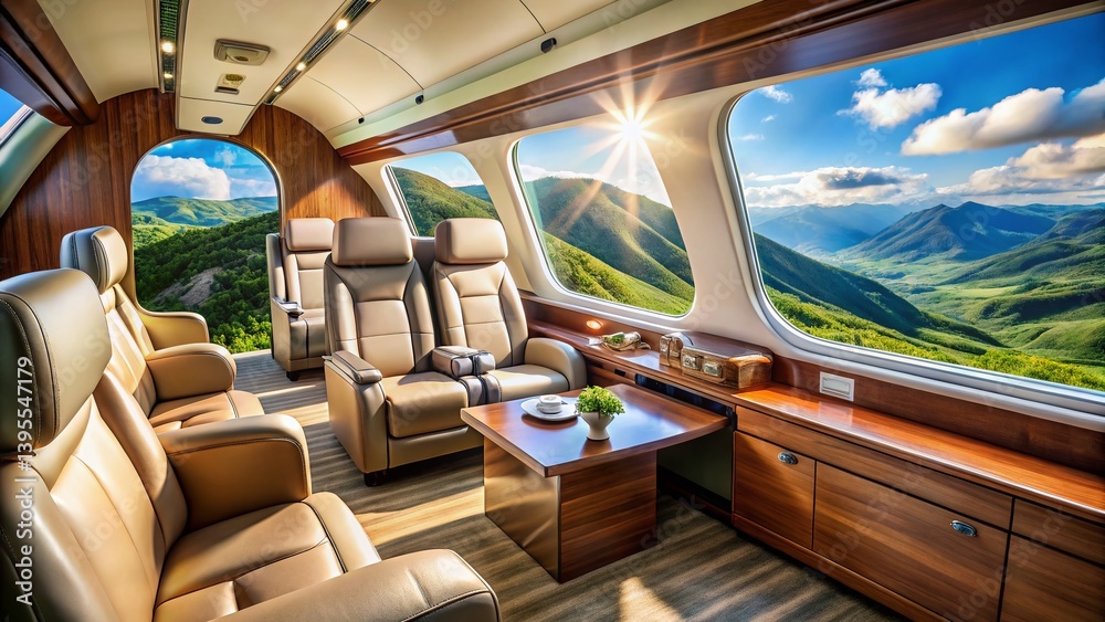 Fototapeta premium Luxurious Private Jet Interior: Plush Leather Seats & Scenic Landscape