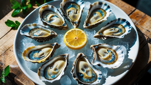 Wallpaper Mural Fresh oysters displayed on a white plate with lemon and ice on a wooden countertop Torontodigital.ca