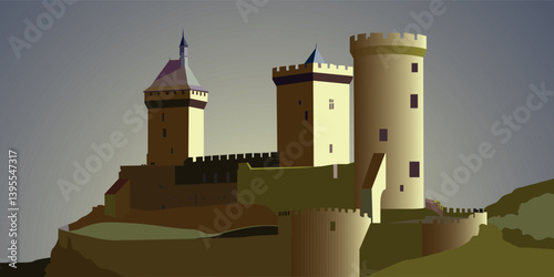 Medieval castle on the hill, vector illustration in green and yellow shades, eps10. For your designs in the style of antiquity and archetecture