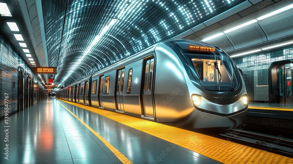 Modern train arriving at a clean and illuminated subway station Modern train arriving at a clean and illuminated subway station
