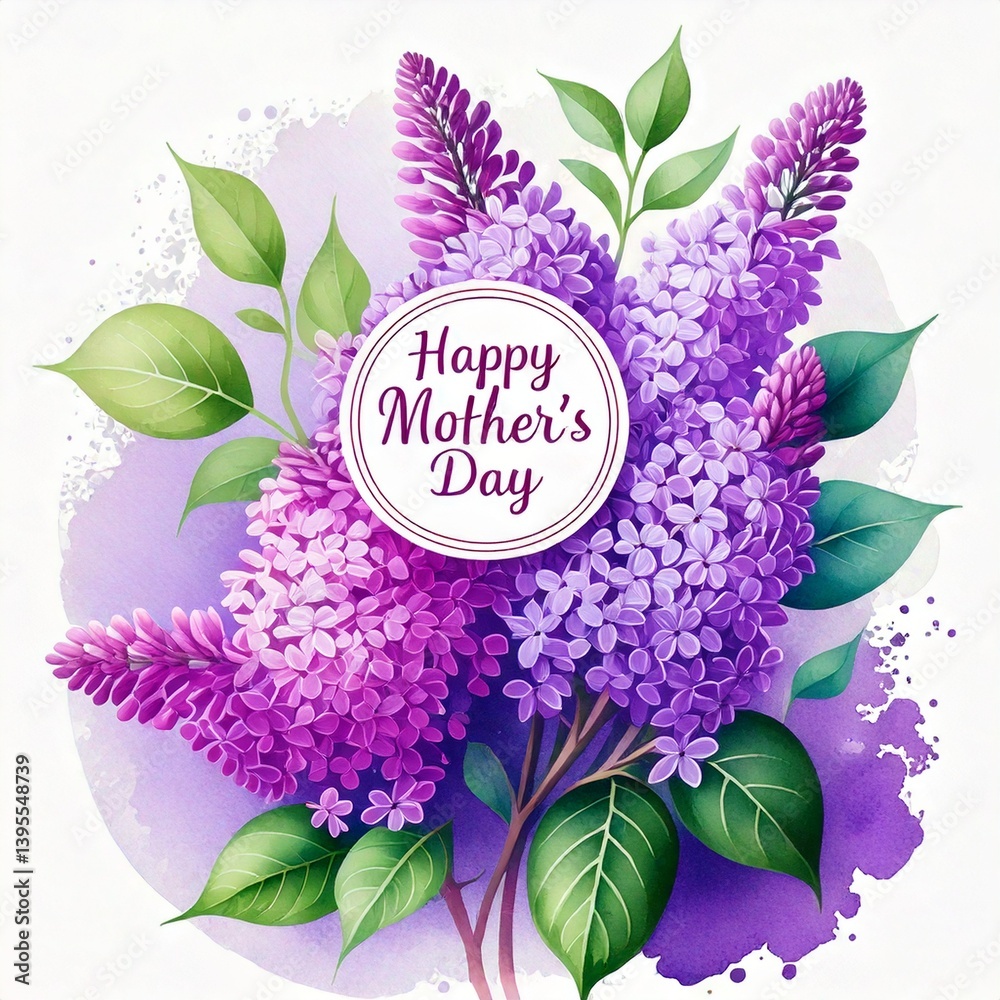 A bouquet of lilacs with a card and wishes for Mother's Day