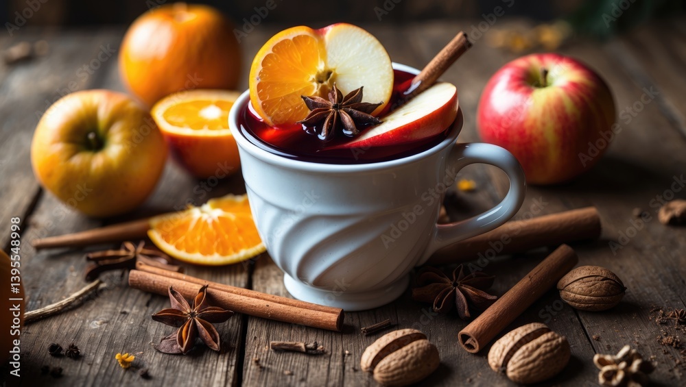 Fototapeta premium Close-up of fragrant mulled wine in a bowl on wooden tabletop