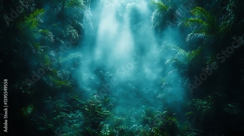 A mystical, misty jungle scene bathed in ethereal light.
