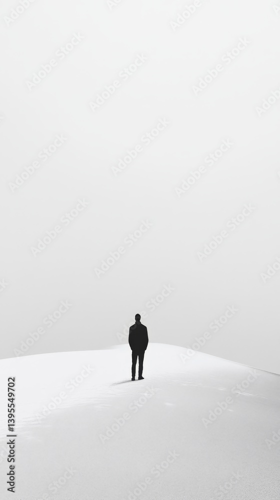 Person stands alone in a vast white landscape simple minimalist and surreal. Person stands alone in a vast white landscape simple minimalist and surreal.