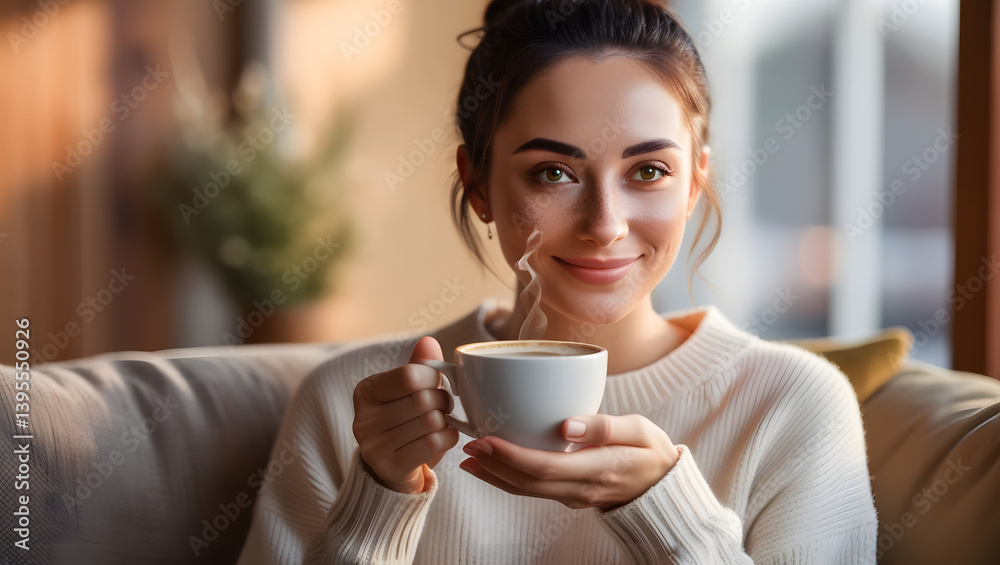 A serene young woman with a gentle smile, warm beige skin, and bright hazel eyes, her dark brown hair tied back in a loose bun, sits comfortably in a cozy atmosphere, cradling a steaming cup of coffee