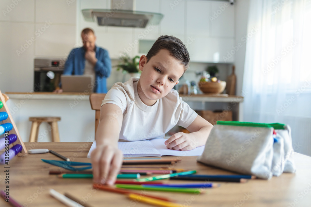 Student, drawing or boy writing homework on notebook education for growth development. Project, creative or young kid artist with color pencil learning or working on sketching skills. Student, drawing or boy writing homework on notebook education for growth development. Project, creative or young kid artist with color pencil learning or working on sketching skills.