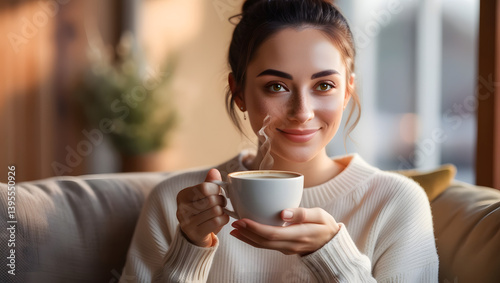 Obraz na płótnie A serene young woman with a gentle smile, warm beige skin, and bright hazel eyes, her dark brown hair tied back in a loose bun, sits comfortably in a cozy atmosphere, cradling a steaming cup of coffee w salonie