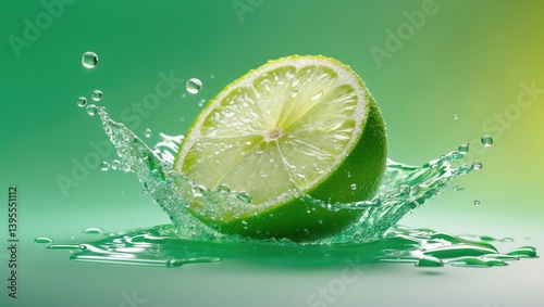Splash of water with lime on a green background
