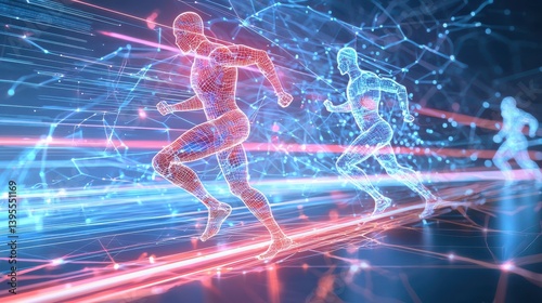 Dynamic hiit workout simulation virtual fitness space digital art high-tech environment futuristic viewpoint