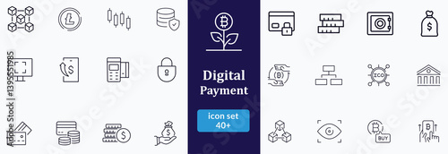 Bil and Payment line icon set. Outline bil and payment method symbols. Money transfer. Banking, credit card, cash and transaction symbol. Vector illustration