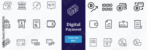 Bil and Payment line icon set. Outline bil and payment method symbols. Money transfer. Banking, credit card, cash and transaction symbol. Vector illustration