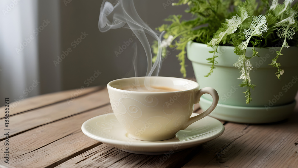 A serene pastel coffee setting: a delicate, cream-colored ceramic cup, adorned with subtle, swirling patterns, sits steaming on a weathered, reclaimed wooden table, its warm beige tones complemented