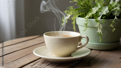 Obraz na płótnie A serene pastel coffee setting: a delicate, cream-colored ceramic cup, adorned with subtle, swirling patterns, sits steaming on a weathered, reclaimed wooden table, its warm beige tones complemented w salonie