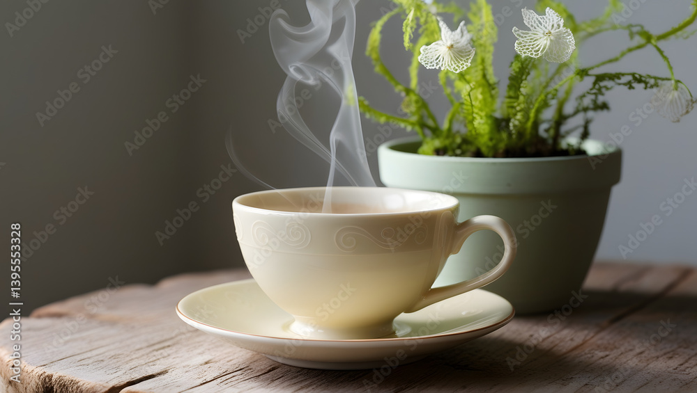 A serene pastel coffee setting: a delicate, cream-colored ceramic cup, adorned with subtle, swirling patterns, sits steaming on a weathered, reclaimed wooden table, its warm beige tones complemented