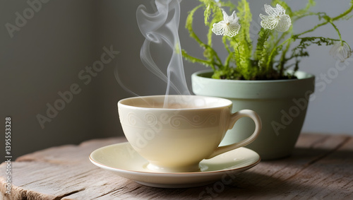 Obraz na płótnie A serene pastel coffee setting: a delicate, cream-colored ceramic cup, adorned with subtle, swirling patterns, sits steaming on a weathered, reclaimed wooden table, its warm beige tones complemented w salonie