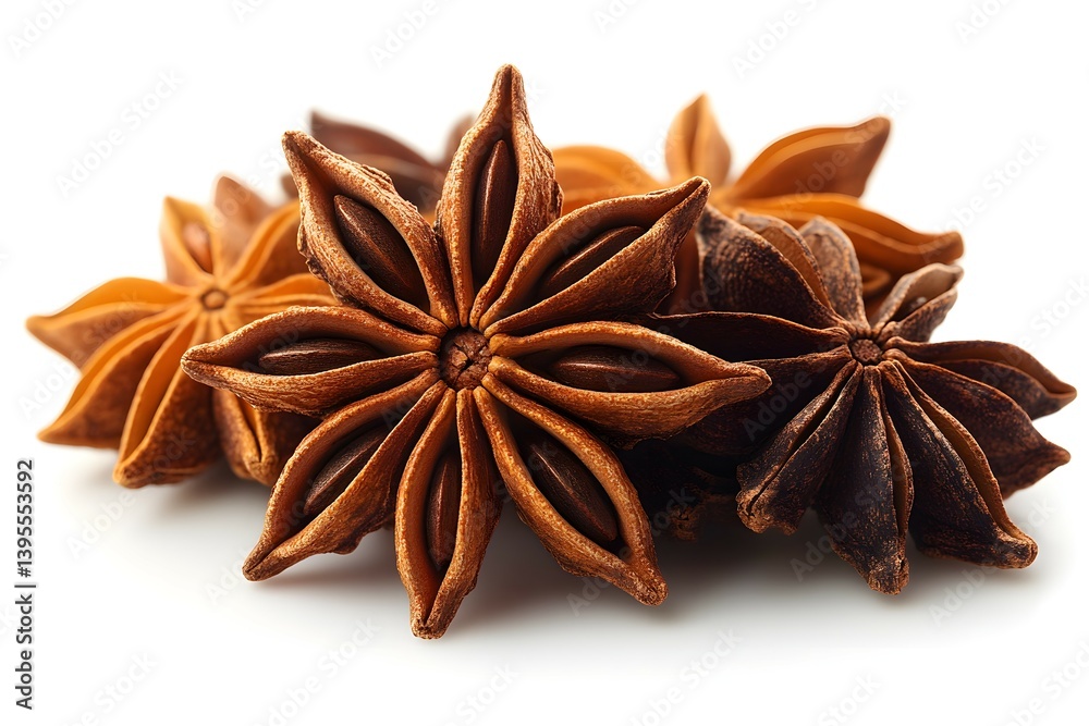 Star Anise Pods on White Background. Dried Spice Still Life, Brown Aromatic Star Anise Pods on White Background. Dried Spice Still Life, Brown Aromatic
