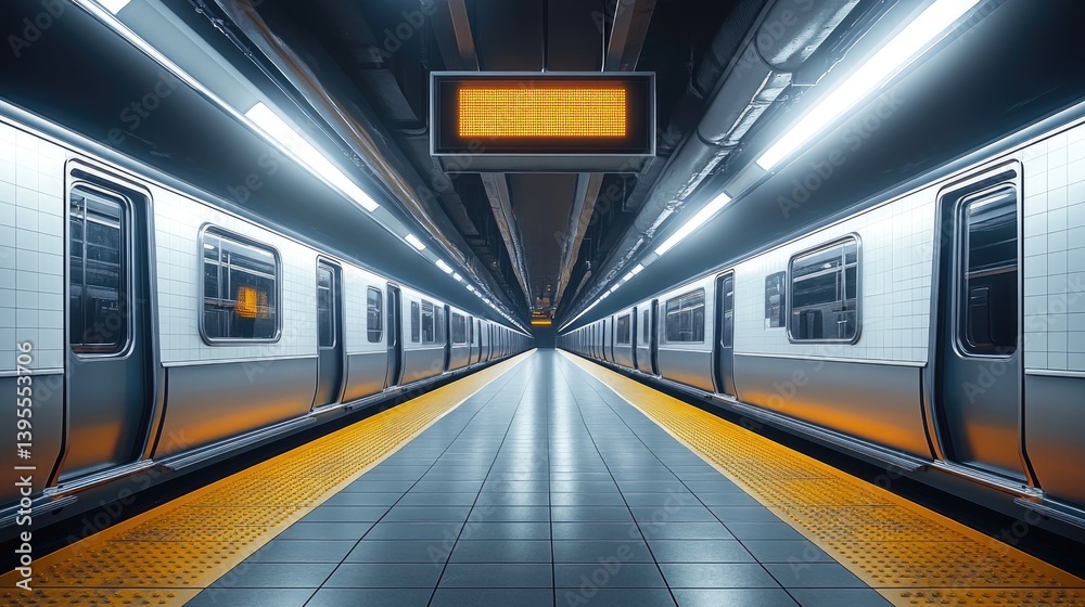 Fototapeta premium A symmetrical view of a subway station platform with trains