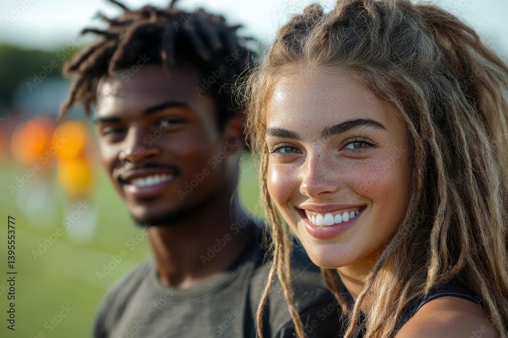 Smiling woman and man athletes looking each other standing on a running track Smiling woman and man athletes looking each other standing on a running track