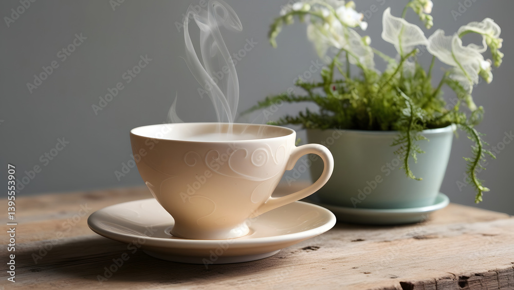 A serene pastel coffee setting: a delicate, cream-colored ceramic cup, adorned with subtle, swirling patterns, sits steaming on a weathered, reclaimed wooden table, its warm beige tones complemented