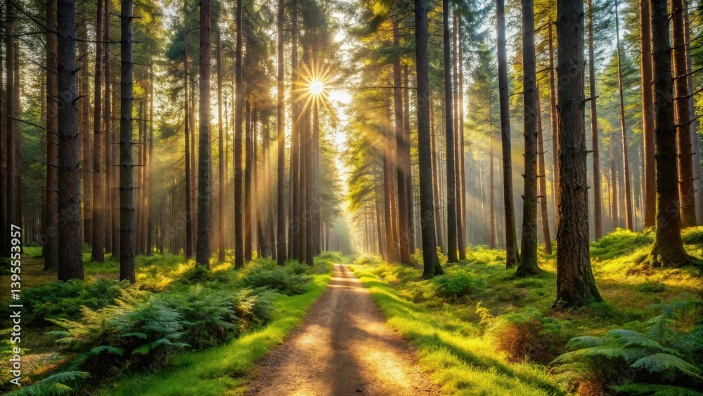 Fototapeta premium Sunlit Path Through a Verdant Forest at Dawn