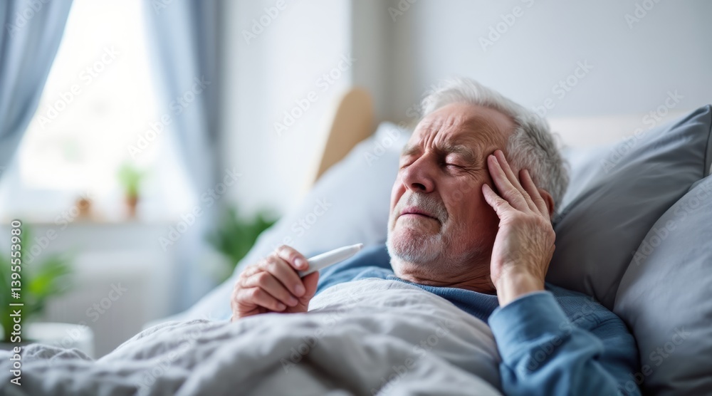 Elderly man resting in bed, appearing to have a headache or discomfort, surrounded by a cozy, light-filled bedroom environment.