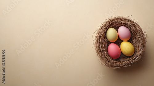 Top View of Colorful Easter Eggs in a Nest on a Beige Background with Copy Space
