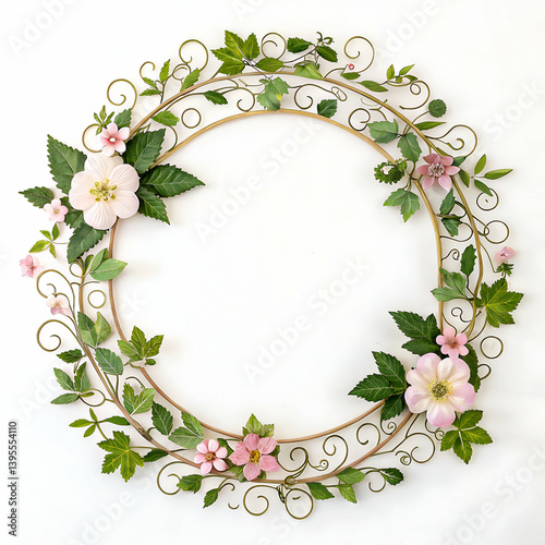 Round Frame with Flowers and Leaves isolated on white background