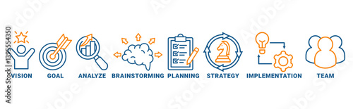 Success banner web icon vector illustration concept with icon of vision, goal, analyze, brainstorming, planning, strategy, implementation, team 