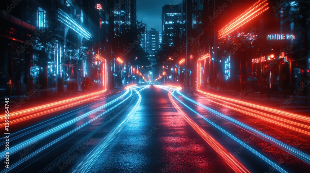 Fototapeta premium A futuristic city street at night is illuminated with vibrant red and blue neon light trails depicting fast moving vehicles creating a dynamic and energetic scene.