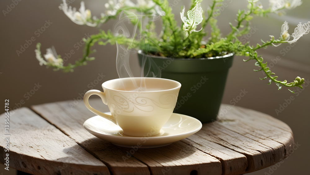 A serene pastel coffee setting: a delicate, cream-colored ceramic cup, adorned with subtle, swirling patterns, sits steaming on a weathered, reclaimed wooden table, its warm beige tones complemented