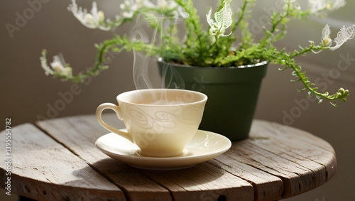 Obraz na płótnie A serene pastel coffee setting: a delicate, cream-colored ceramic cup, adorned with subtle, swirling patterns, sits steaming on a weathered, reclaimed wooden table, its warm beige tones complemented w salonie