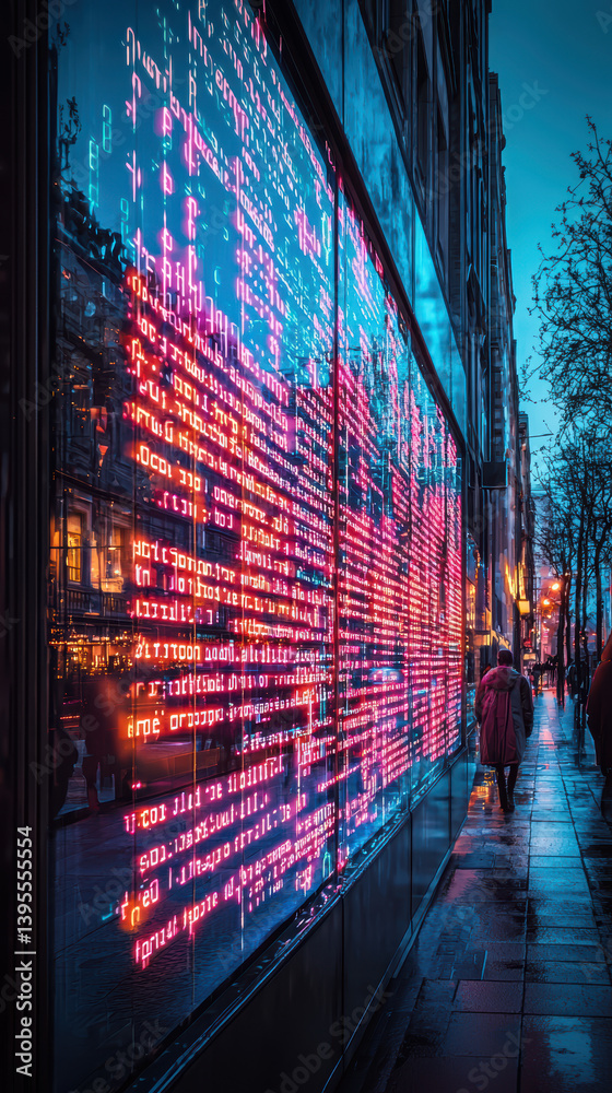 Naklejka premium A vibrant pink and blue digital data display illuminates a city street at night showcasing a mesmerizing technological urban landscape with a person walking past.