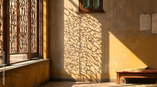 Sunlit Room with Ornate Wooden Lattice and Shadows