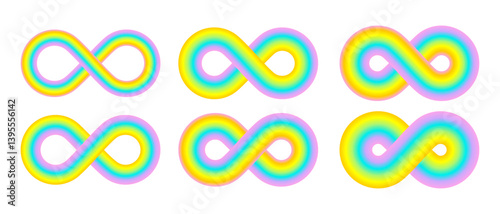 Set of neon sign, autism symbol, icon infinity, rainbow curve smooth line, luminous tube with gradient. Element with swirled colored ribbon shape with loop on black background. Vector EPS10