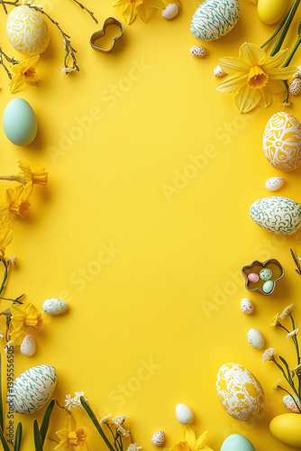 Yellow Spring Background with Painted Easter Eggs, Daffodils, and Cookie Cutters