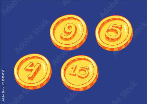 set of gold coin cent money number 4, 9, 5, 15