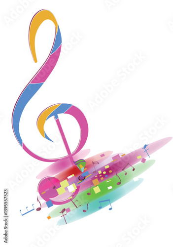 Abstract musical design with a treble clef and colorful splashes, notes and waves.  Colorful treble clef. Hand drawn vector illustration.
