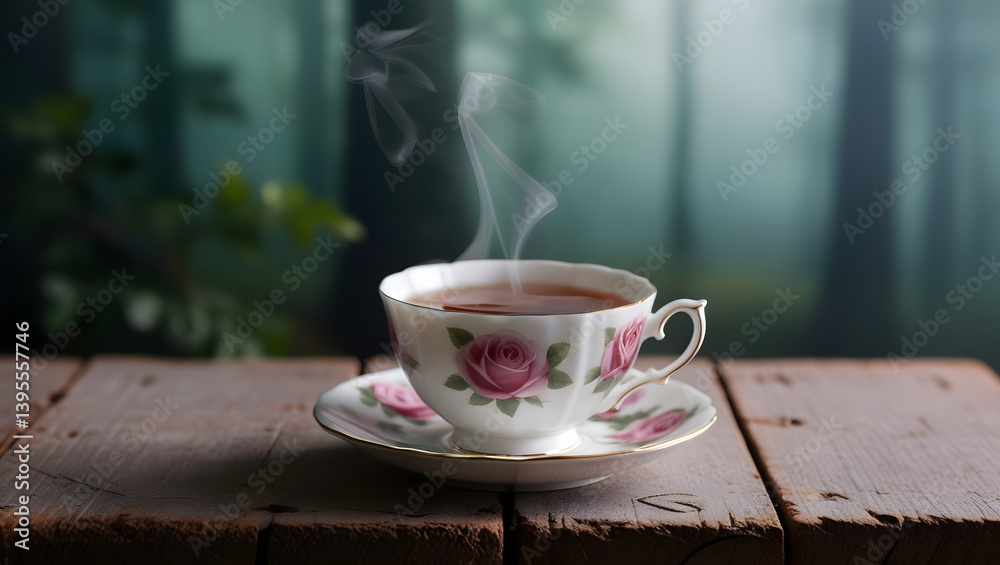 A delicate, rose-patterned teacup filled with steaming hot Earl Grey tea, emitting a subtle mist, sits on a worn, reclaimed wooden surface, adorned with subtle scratches and knots, in front of a blurr