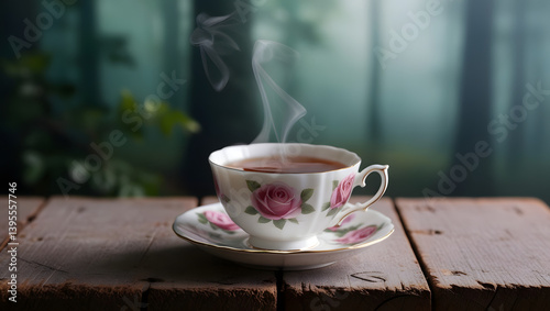 Obraz na płótnie A delicate, rose-patterned teacup filled with steaming hot Earl Grey tea, emitting a subtle mist, sits on a worn, reclaimed wooden surface, adorned with subtle scratches and knots, in front of a blurr w salonie