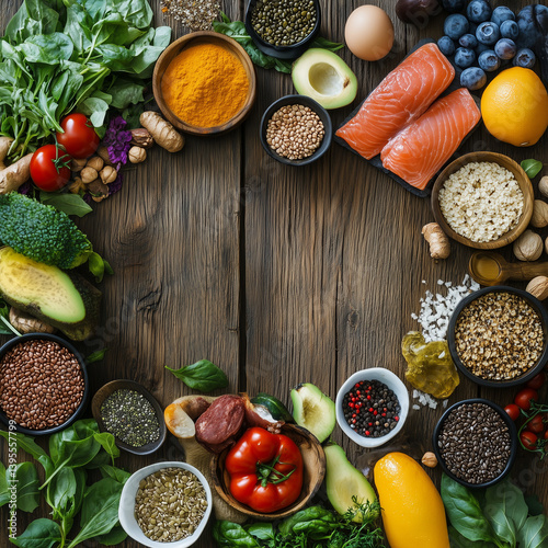 Selection of healthy food on rustic wooden background