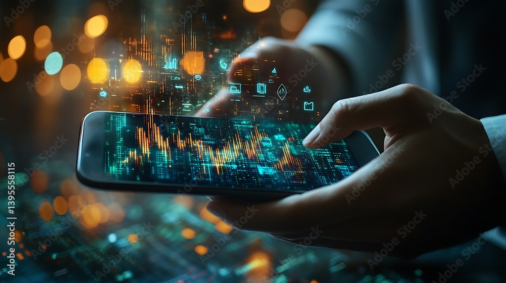 Hands interact with data display on mobile device; digital information flows, connecting people and ideas.