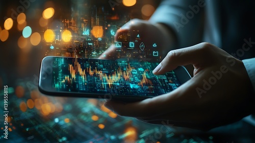Hands interact with data display on mobile device; digital information flows, connecting people and ideas.