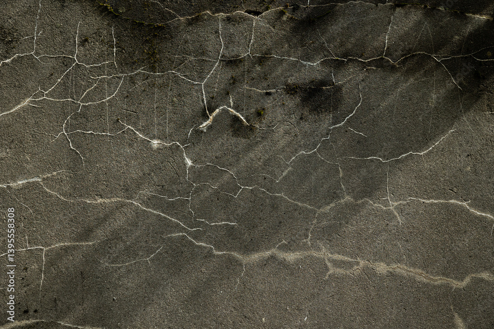 dettaglio in primo piano di una parete di cemento di colore grigio, con striature e strisce casuali e sottili bianche