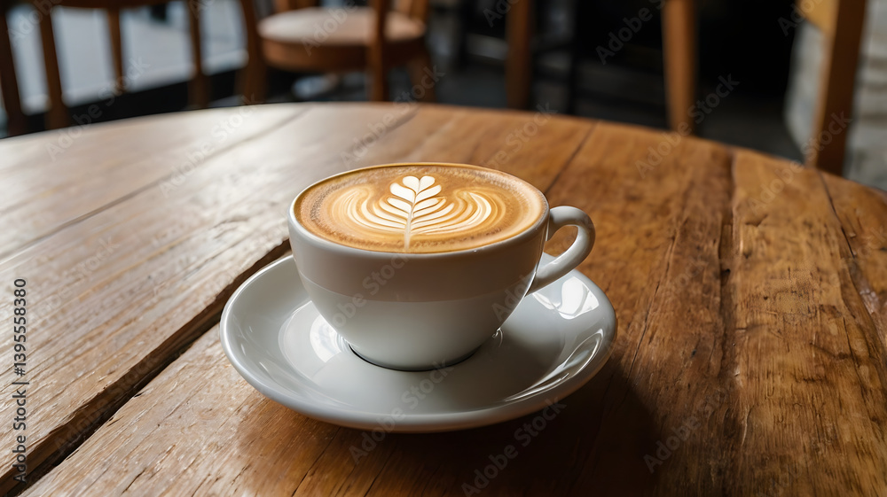 A steaming cup of latte with latte art on a wooden table in a cozy cafe setting.
