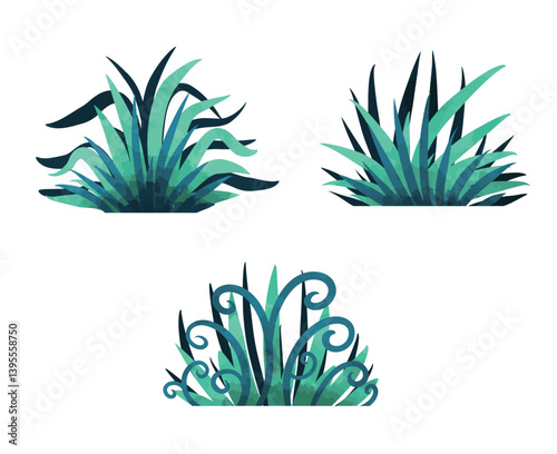 watercolor bush and different type of grass vector illustration set