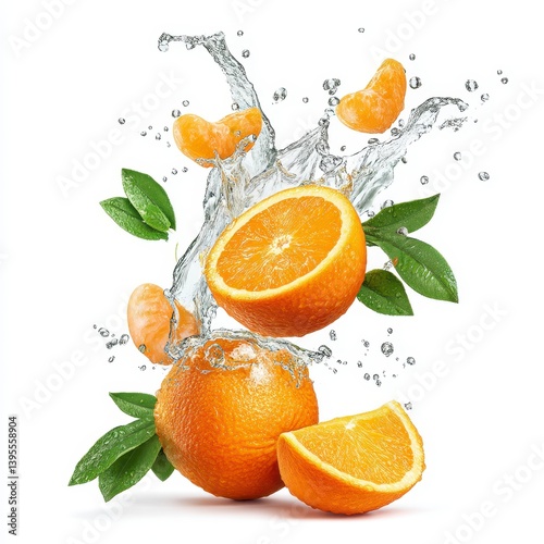 Fresh Oranges with Splashing Water and Green Leaves on White Background
