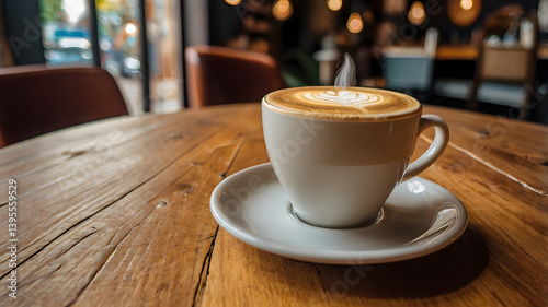 A steaming cup of latte with latte art on a wooden table in a cozy cafe setting.