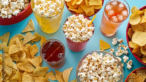 Delight in vibrant Super Bowl party setup featuring array snacks and drinks, including popcorn, chips, and refreshing beverages, perfect for game day celebrations.